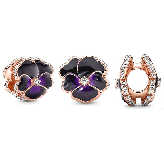 Sterling silver 925 Dark purple pansy, nature bracelet bead