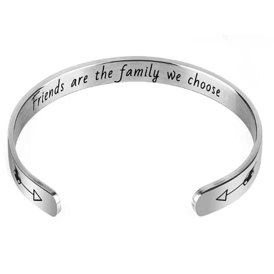 Stainless steel bracelet silver with engraving Friends are family..., open cuff, 2.5 mm