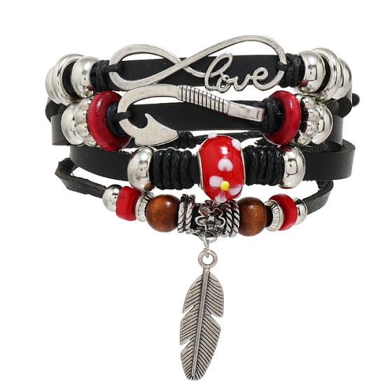Leather multi-layer bracelet, symbol feather + anchor + infinity, adjustable size