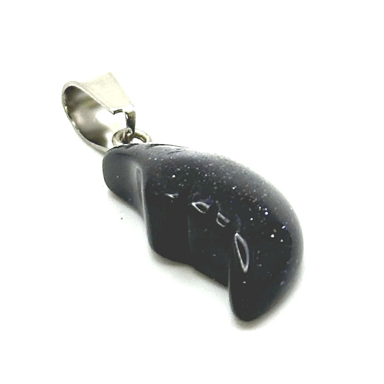 Goldstone Blue Aventurine Moon Pendant natural stone, hand cut figurine 2,2 x 10 mm, stone of ambition