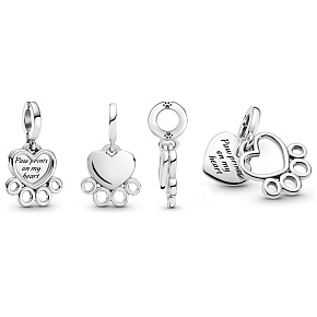 Sterling silver 925 Pawprints on my heart, 2in1 heart pendant on pet bracelet