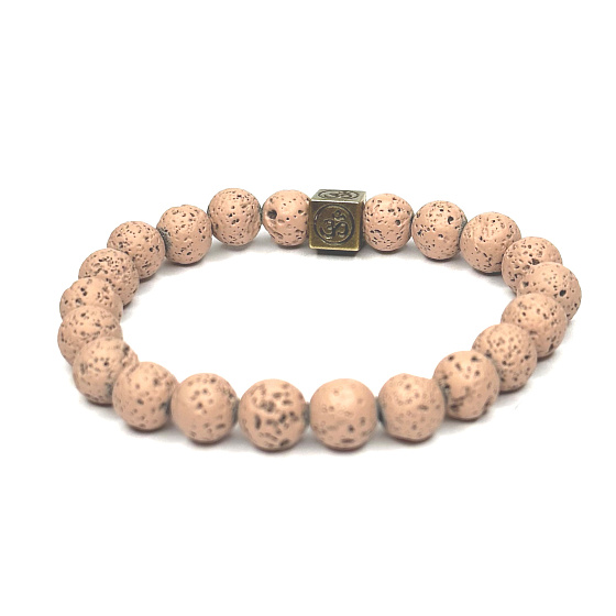 Lava salmon with royal mantra Om, bracelet elastic natural stone, ball 8 mm / 16-17 cm, born of the four elements