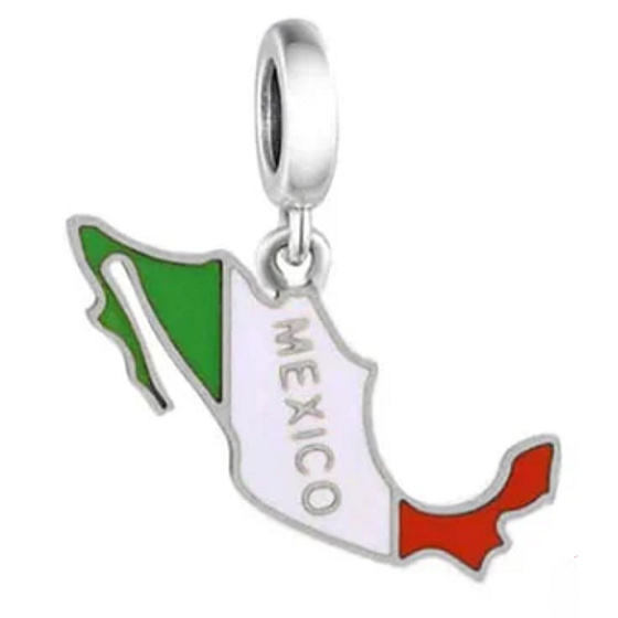 Charm Sterling Silver 925 Mexico Flag - Swinging Map, Travel Bracelet Pendant