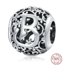 Sterling silver 925 Magic alphabet letter B with flowers, bead for bracelet