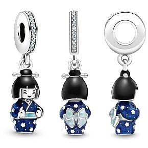 Sterling Silver 925 Japanese Doll, Theater of Life, travel bracelet pendant