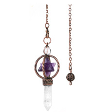 Amethyst Merkaba pendulum + clear quartz + bronze, natural stone pendant 7,7 cm, chain approx. 26,5 cm