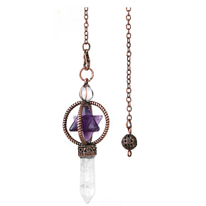 Amethyst Merkaba pendulum + clear quartz + bronze, natural stone pendant 7,7 cm, chain approx. 26,5 cm