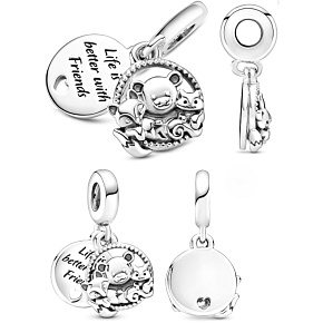 Charm Sterling silver 925 Teddy bear, fox and squirrel 2in1, friendship bracelet pendant
