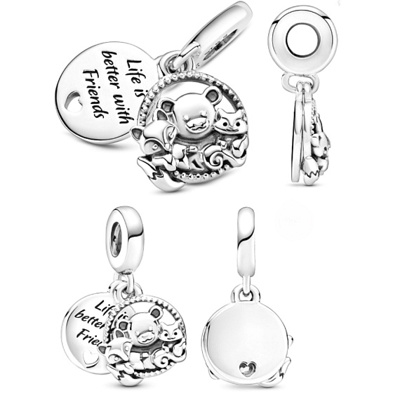 Charm Sterling silver 925 Teddy bear, fox and squirrel 2in1, friendship bracelet pendant