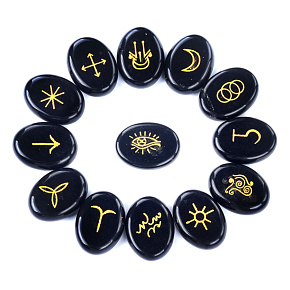 Obsidian Rune Alphabets Oval Natural Stone, 15 x 20 mm 13 Pieces Letters, Sacred Symbol, Healing Gemstone, Rescue Stone