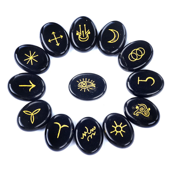 Obsidian Rune Alphabets Oval Natural Stone, 15 x 20 mm 13 Pieces Letters, Sacred Symbol, Healing Gemstone, Rescue Stone