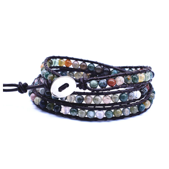 Agate Indian brown leather bracelet natural stone wrap hand knitted bead 4 mm / 34 + 5 cm cm, clasp, adds recoil and strength