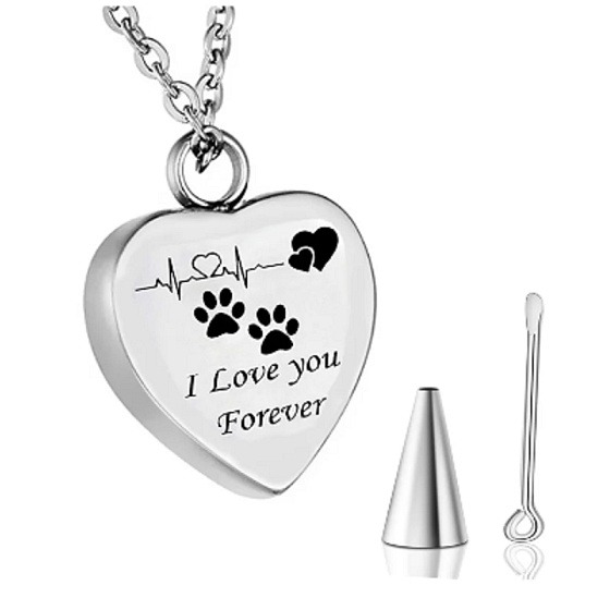 Commemorative urn pendant, Heart with paws waterproof, Stainless steel 20 x 26 mm