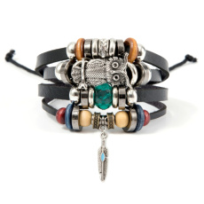 Leather multi-layer bracelet, owl + feather symbol, adjustable size