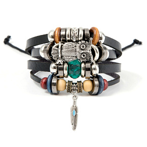 Leather multi-layer bracelet, owl + feather symbol, adjustable size