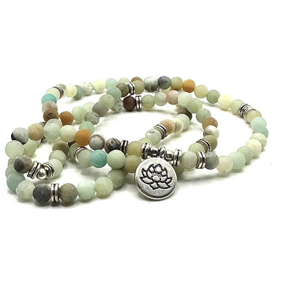 108 Mala Amazonite + Lotus necklace meditation jewelry, natural stone, ball 6 mm