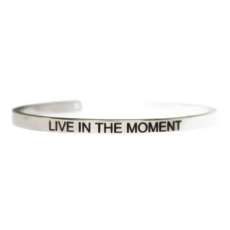 Stainless steel bracelet silver with engraving Live in the moment, open cuff, 4 mm
