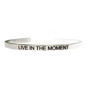 Stainless steel bracelet silver with engraving Live in the moment, open cuff, 4 mm