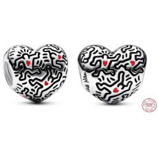 Charm Sterling Silver 925 Keith Haring Heart Art Lines and People Bead Bracelet Symbol