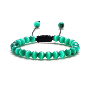 Cat's eye green bracelet natural stone hand knitted, adjustable size, ball 6 mm