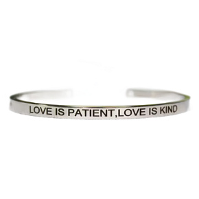 Stainless steel bracelet silver with engraving Love is patient..., open cuff, 4 mm