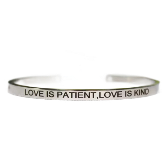 Stainless steel bracelet silver with engraving Love is patient..., open cuff, 4 mm