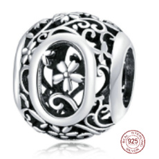 Sterling silver 925 Magic alphabet letter O with flowers, bead for bracelet