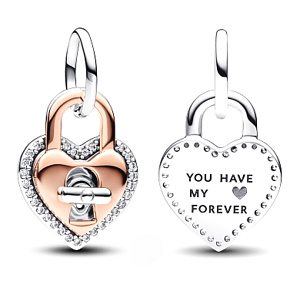 Charm Sterling silver 925 Two-tone rotating heart Padlock 2in1, love bracelet pendant Charm Sterling silver 925 Two-tone rotating heart Padlock 2in1, love bracelet pendant