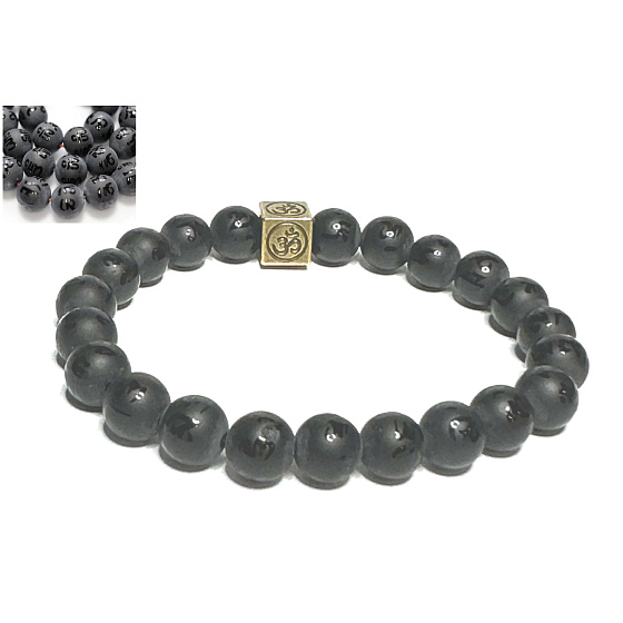 Agate black matt with royal mantra Ohm bracelet elastic natural stone, ball 8 mm / 16-17 cm, gives courage and strength