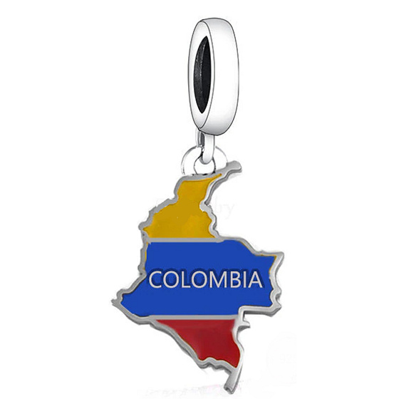 Charm Sterling Silver 925 Colombia Flag - Swinging Map, Travel Bracelet Pendant