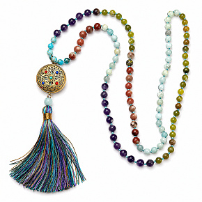 108 Mala 7 chakra necklace, meditation jewelry, natural stone, knotted, tassel 9 cm, bead 6+8 mm