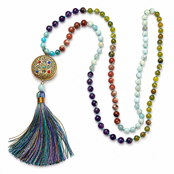 108 Mala 7 chakra necklace, meditation jewelry, natural stone, knotted, tassel 9 cm, bead 6+8 mm