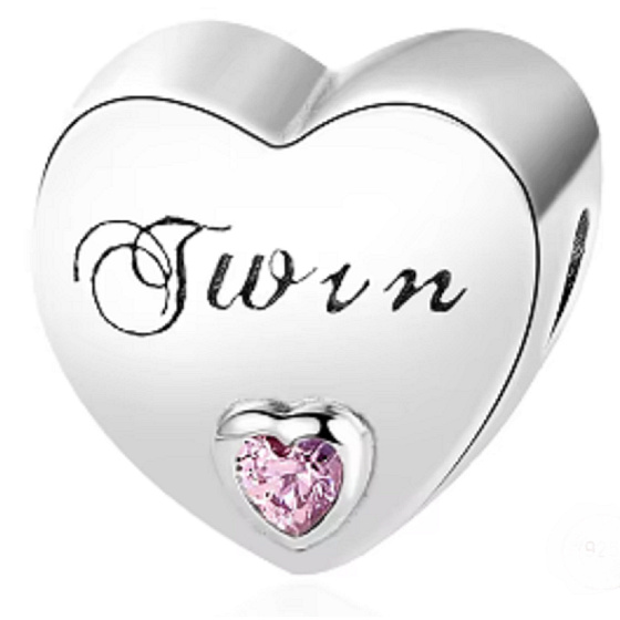 Charm Sterling Silver 925 Twin Hearts, Bead for Family Bracelet