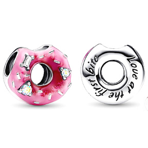 Charm Sterling silver 925 Doughnut charm - donut with cubic zirconia and enamel, bead for bracelet, food and drink