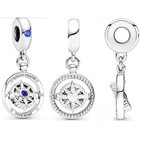 Charm Sterling silver 925 Rotating compass with cubic zirconia, travel bracelet pendant