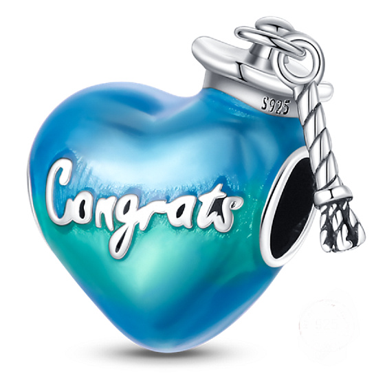 Charm Sterling Silver 925 Graduation - Congratulations, Graduate Heart Bead on Bracelet