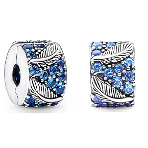 Charm Sterling silver 925 Curved feather & peacock, stopper, clip bead on bracelet nature