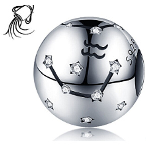 Aquarius sign of the zodiac, pendant for bracelet silver + cubic zirconia, ball 9 mm 1 piece