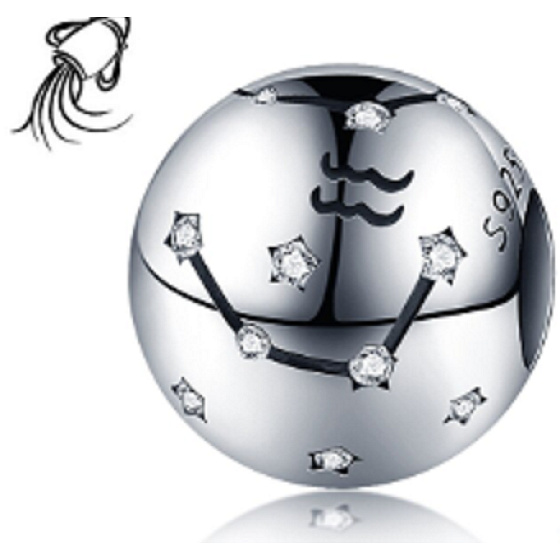 Aquarius sign of the zodiac, pendant for bracelet silver + cubic zirconia, ball 9 mm 1 piece