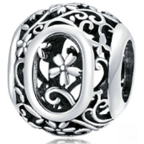 Sterling silver 925 Magic alphabet letter O with flowers, bead for bracelet
