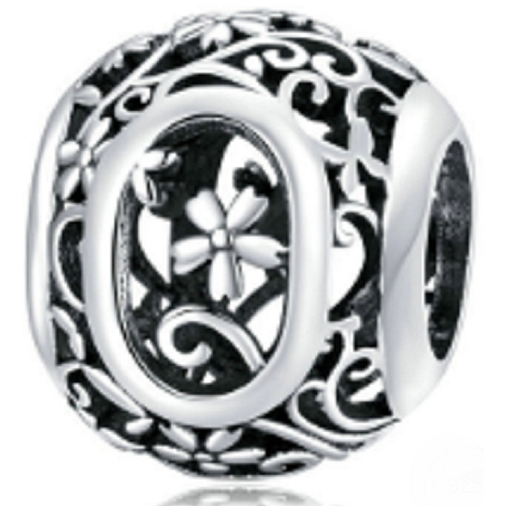 Sterling silver 925 Magic alphabet letter O with flowers, bead for bracelet