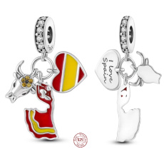 Charm Sterling Silver 925 Spain Flag Heart - Bullfighting, Flamenco, I Love Spain 3-in-1 Pendant for Travel Bracelet