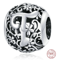 Sterling silver 925 Magic alphabet letter T with flowers, bead for bracelet