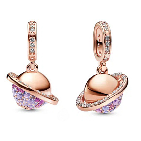 Charm Mini medailon - Planeta Saturn růžová, přívěsek na náramek vesmír