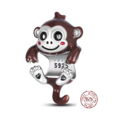 Charm Sterling silver 925 Monkey with two hearts, bead on bracelet animal Charm Sterling silver 925 Monkey with two hearts, bead on bracelet animal