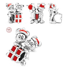 Charm Sterling silver 925 Disney Mickey Mouse, Minnie Mouse and gift, bead on bracelet Christmas