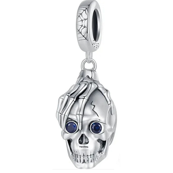 Charm Sterling Silver 925 Skeleton Holding Skull, Pendant for Bracelet Halloween