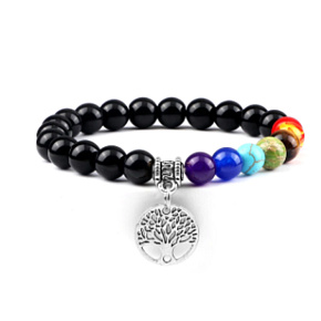 Chakra bracelet elastic Tree of Life + Obsidian, natural stone, bead 8 mm / 16-17 cm, stone of salvation