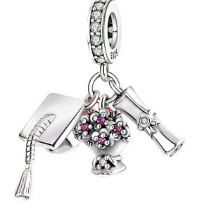 Sterling silver 925 Graduation - Graduation cap, diploma, flowers, 3in1 Graduate pendant on bracelet