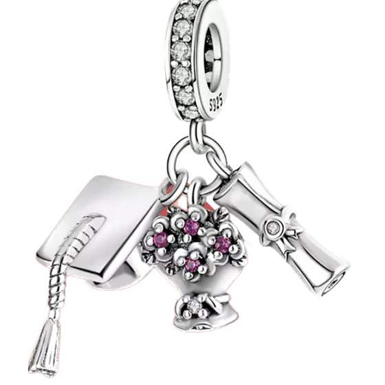 Sterling silver 925 Graduation - Graduation cap, diploma, flowers, 3in1 Graduate pendant on bracelet